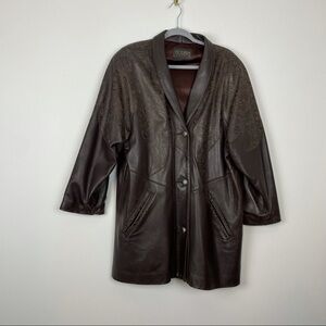 Victoria Leather Brown Jacket Vintage Tooled Leather Floral Design Size large